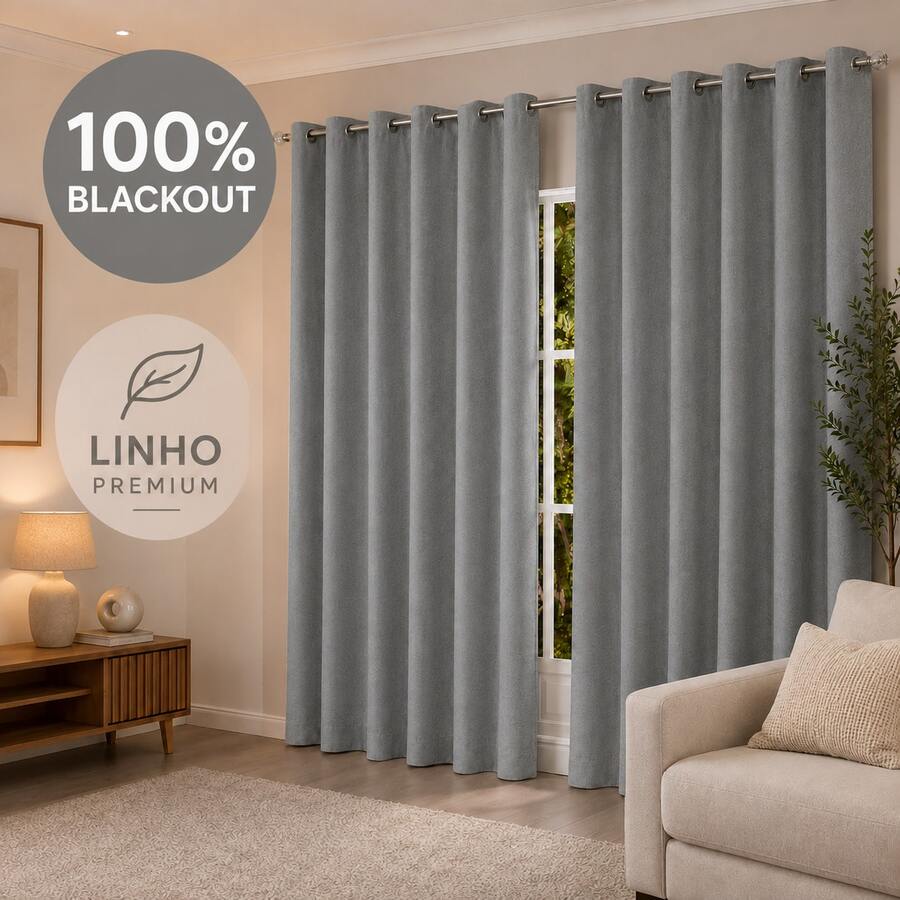 Cortina Blackout 100% Corta Luz Total Linho Premium com Ilhós Cromado | Sala, Quarto e Home Theater - Cinza - Visão 1