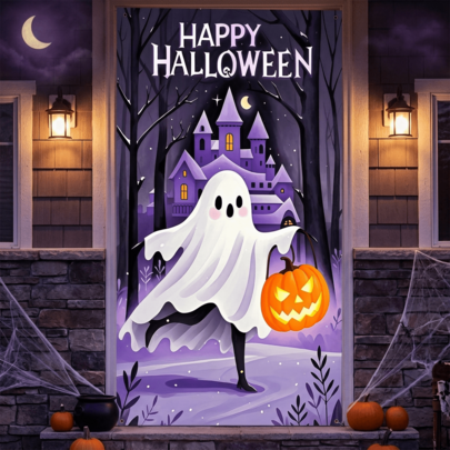 [Party Banner], Halloween Door Frame Banner, Halloween Theme Graphic, Ghost In White Clothes Carrying Pumpkin Lantern, Background With Purple Castle And Forest, "HAPPY HALLOWEEN" Text On Top, Fantasy Atmosphere, Halloween Party Banner With Atmospheric Design, Happy Halloween Party, Party Door Banner, Door Banner Decoration, Holiday Decoration, Party Supplies, Indoor And Outdoor Decoration, No Electricity Required