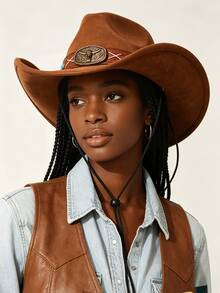 1pc Unisex Cowboy Hat, Vintage Fedora, Jazz Hat, Panama Hat, Faux Suede Fabric, Rivet Bull Head Decoration, Wide Brim Design, Sun Protection, Adjustable Windproof Rope. Suitable For Cowboy Theme Events, Vintage Parties, Role Play, Gatherings, Outfit Matching, Outdoor Travel, Daily Use - Suede X Denim Hat - View 8