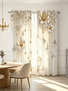 2 piezas Cortinas de lujo con estampado floral de champán, bolsillo para barra, elegantes cortinas de ventana con patrón 3D de flores & perlas, cortinas térmicas aislantes y oscurecedoras para sala de estar, dormitorio y decoración del hogar - Multicolor - Ver 8