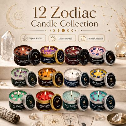 12 Zodiac Crystal Scented Candle Collection, 3oz Soy Wax Tin Candles With Natural Crystals And Charms, Astrology Birthday Gift For Women And Men, Self Care Meditation Aromatherapy Candles, Celestial Bedroom Desk Decor For Zodiac Lovers