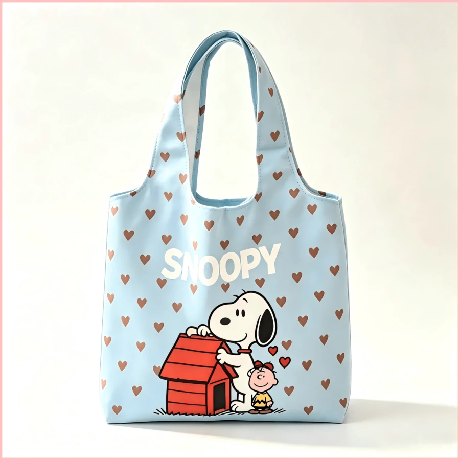 SNOOPY 1件淺藍色可愛史努比與粉色愛心可重複使用托特包,防水大容量肩背包,可折疊購物袋,適合學校、工作、旅行,甜美生日與聖誕禮物,適合女性、青少年女孩與朋友 - 彩色 - 查看 1