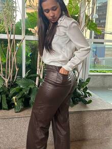 Women's Faux Leather Wide Leg Palazzo Pants With Pockets, Button And Zipper, Synthetic PU - 鏽棕色 - 查看 1