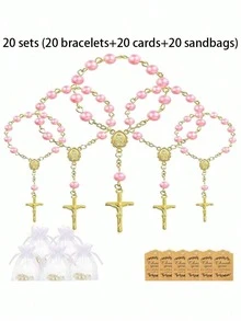 20組洗禮禮品套組，包含天使鑰匙圈、迷你玫瑰十字架、硬紗禮品袋，適用於嬰兒派對與基督教派對用品 - 彩色 - 查看 12