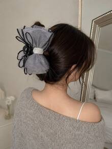 1pc Women's Oversized Bow Hair Claw Clip, Black/Grey Tulle Layered Bow Hair Clip With Rhinestone Center, Strong Grip, Suitable For Updo Hairstyles, Daily Wear, Wedding, Party, Date, Summer Outings, Also As Holiday Gift - Multicolor - View 12
