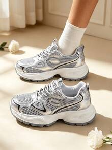Sodalemon New Women's Casual Sports Shoes Preppy Style Chunky Sneakers Shoes White Sneakers Couple Style Round Toe Lace-Up Mesh Patchwork Breathable Versatile Deep Cut Fashion Print Graffiti College Style Student Shoes Outdoor Hiking Casual Shoes Commuter Shoes Runs Small One Size - Silver - View 4