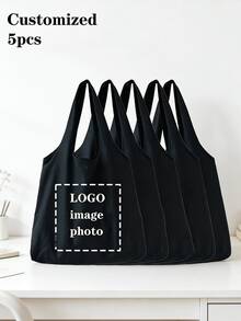 5 piezas Bolso de hombro con diseño de foto personalizado, bolso ligero y personalizado para oficina, desplazamientos, compras y almacenamiento escolar - Negro - Ver 1