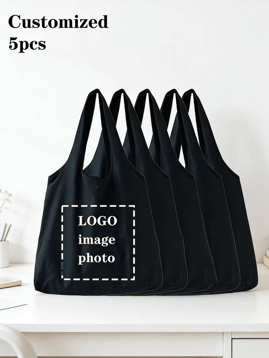 5 piezas Bolso de hombro con diseño de foto personalizado, bolso ligero y personalizado para oficina, desplazamientos, compras y almacenamiento escolar - Negro - Ver 1