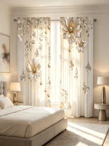 2 piezas Cortinas de lujo con estampado floral de champán, bolsillo para barra, elegantes cortinas de ventana con patrón 3D de flores & perlas, cortinas térmicas aislantes y oscurecedoras para sala de estar, dormitorio y decoración del hogar - Multicolor - Ver 7