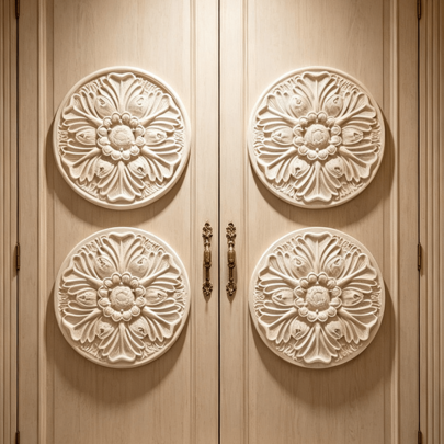 4pcs Solid Wood Carving Circular Decals, Home Decorations, Woodworking Supplies, Suitable For Cabinets, Doors And Windows, Furniture, Background Walls, Porches, Offices And Other Decorations, Holiday Decorations, DIY Decorations.