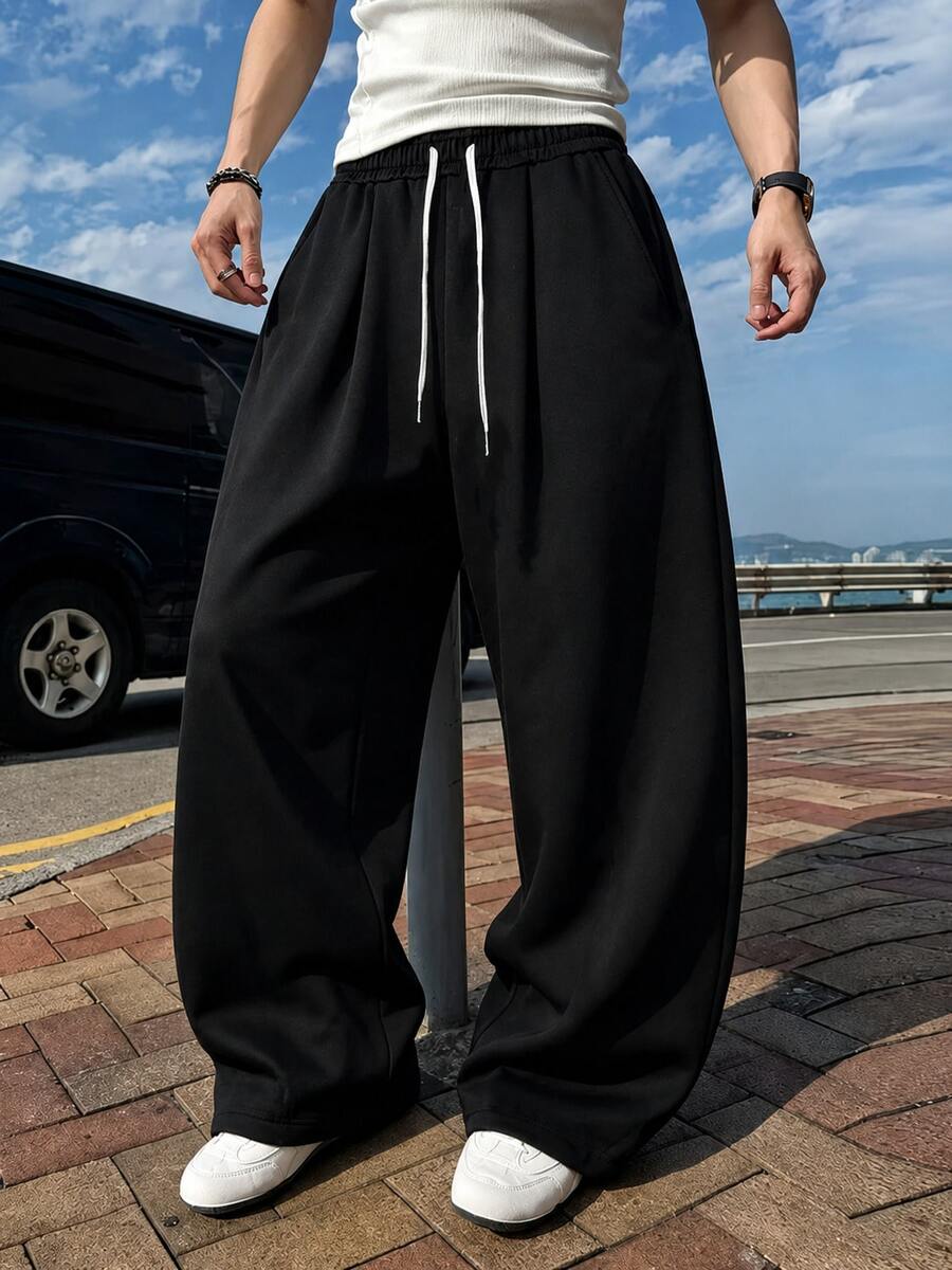 男士寬鬆寬腿休閒運動束口長褲,抽繩腰頭,附口袋,前衛休閒風,黑色 - 黑色 - 查看 1