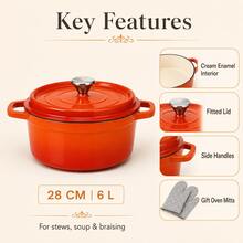 6L Round Enamel Coated Cast Iron Pot With Lid And Gloves, 28cm Cooking Casserole For Braising Roasting And Serving - View 5