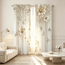 2 piezas Cortinas de lujo con estampado floral de champán, bolsillo para barra, elegantes cortinas de ventana con patrón 3D de flores & perlas, cortinas térmicas aislantes y oscurecedoras para sala de estar, dormitorio y decoración del hogar - Multicolor - Ver 1