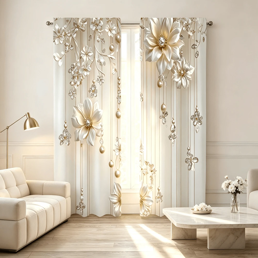 2 piezas Cortinas de lujo con estampado floral de champán, bolsillo para barra, elegantes cortinas de ventana con patrón 3D de flores & perlas, cortinas térmicas aislantes y oscurecedoras para sala de estar, dormitorio y decoración del hogar - Multicolor - Ver 1