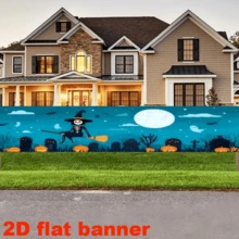 A 2D Flat 1-Piece Halloween-Themed Banner Background Featuring A Skeleton Witch Riding A Broomstick, Along With Patterns Of Pumpkins, Ghosts, A Full Moon, And A Cemetery. No Power Supply Required. - A - View 6
