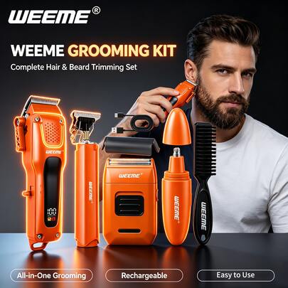 WEEME 4pcs/3pcs/2pcs Men's Professional Electric Shaver Set, With LED Display, Wireless Hair Clipper Shaver Beard Trimmer, Men's Hair Clipper Barber Scissors Set Gift