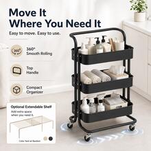 Rolling Utility Cart With Handle, 3 Shelf Storage Rack For Bathroom Supplies, Cleaning Tools And Daily Organization - View 7