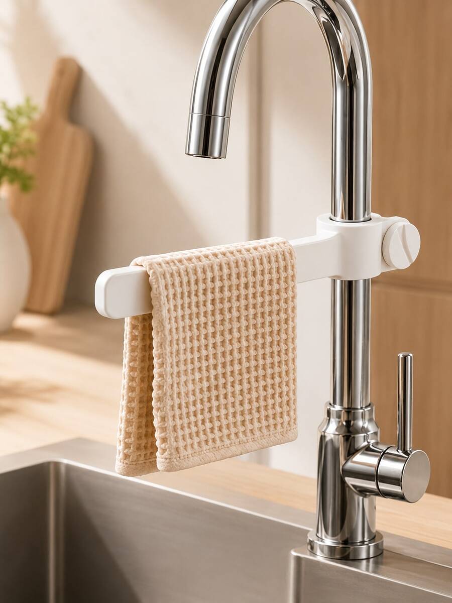 1pc 360° Rotating Faucet Mount Dish Cloth Holder, Plastic Material, White Minimalist Drill-Free Adjustable Kitchen Sink Towel Rack, Space-Saving Quick-Dry Dish Cloth Hanging Rack, Kitchen Storage Use - Multicolor - View 1