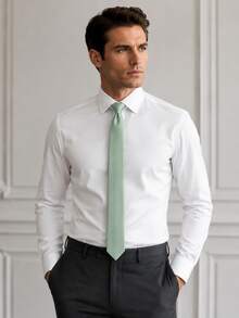 1PC Men's 5cm Fashion Solid Color Mint Green Pinstripe Versatile Slim 1200-Needle Encrypted Tie Suitable For Banquets Parties School Weddings - Mint Green - View 2