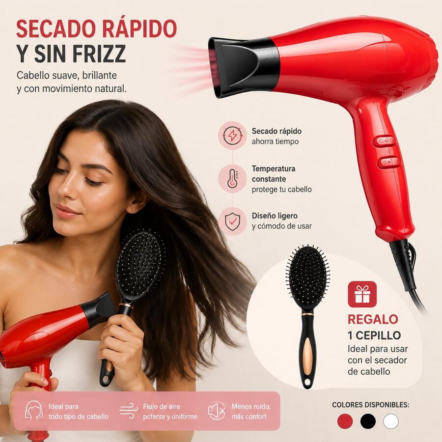 Secador de Cabello Plegable Compacto y Ligero, Secado Rápido sin Frizz, Temperatura Constante Protector, Flujo de Aire Potente, Bajo Ruido, Mango Plegable con Gancho para Colgar, Ideal para Viajes, Gimnasio y Uso Diario, Varios Colores Disponibles, Regalo: 1 Cepillo Peinador Incluido - Tipo de Enchufe A USA (110-127V) - Ver 1