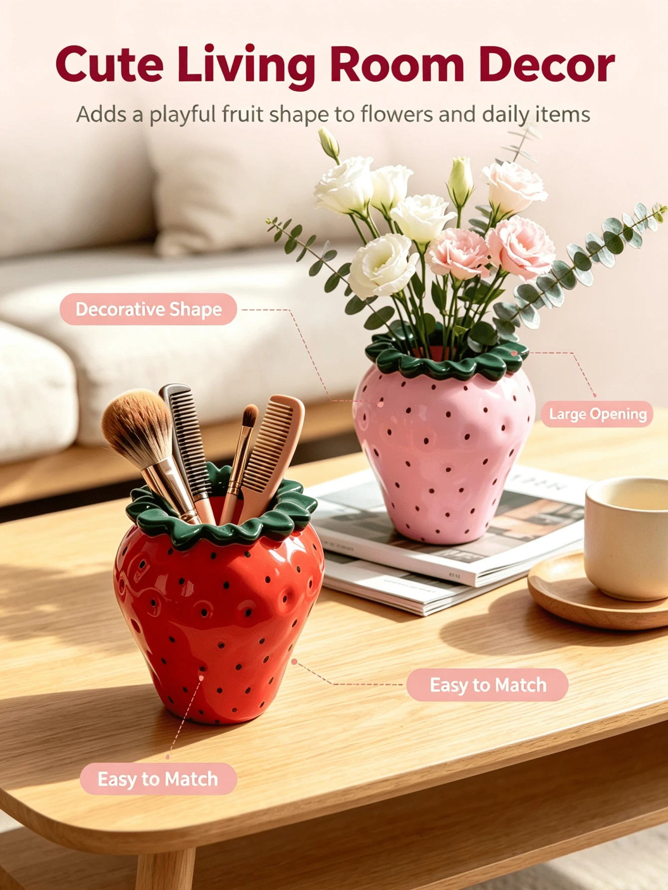 1 Stück Erdbeerförmige Blumenvase, Wellenrand Frischer Blumenstrauß Display, Gepunktete Geprägte Fruchtskulptur, Fenstersims Dekoration Topf, Frühlings Tischaufsatz, Niedliche Ästhetische Raumakzent, Kleine Wohnung Dekoration, Süßes Geburtstagsgeschenk für Blumenliebhaber - A - Übersicht 1