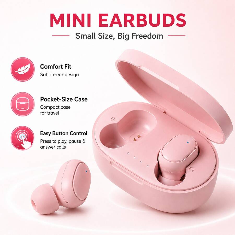Pink Mini Wireless Earbuds With Charging Case, Suitable For Women And Girls, 150mAh Battery