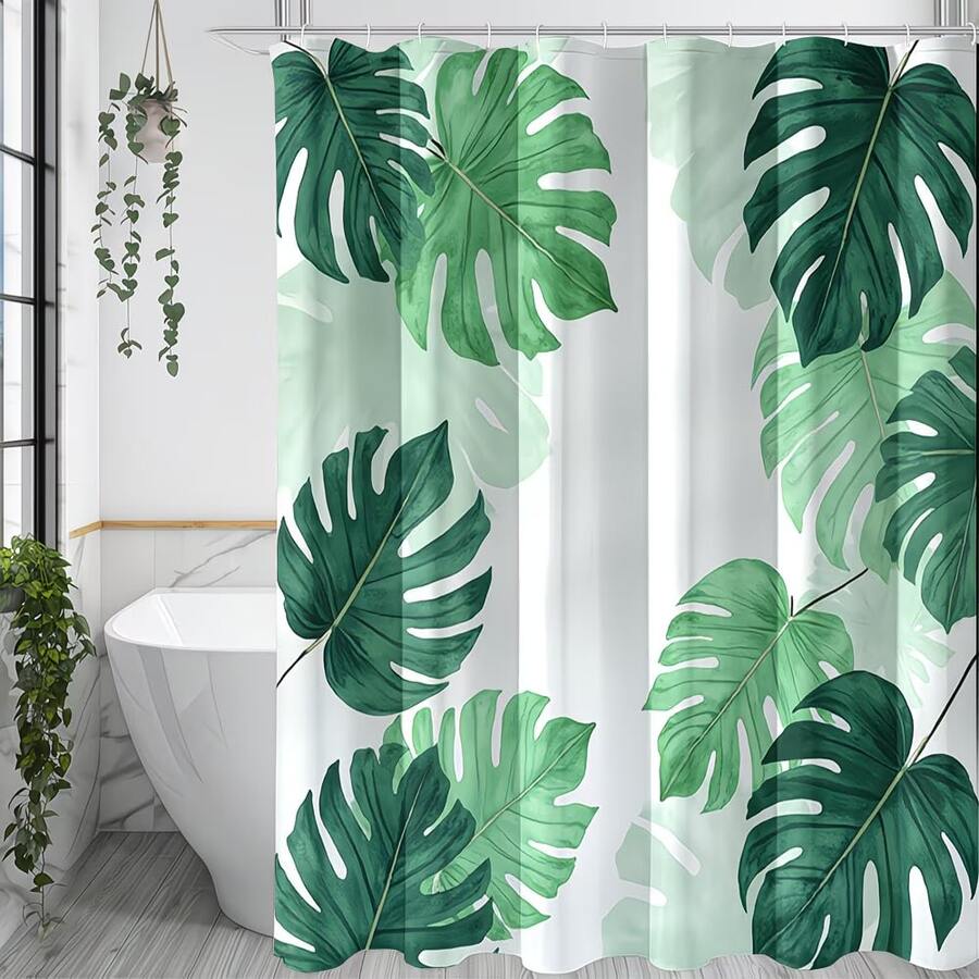 1pc Gradient Monstera Leaf Minimalist Green Plant Shower Curtain Decorative Shower Curtain, Bathroom Accessories Home Decor Gift - Includes 12 Hooks - Multicolor - View 1