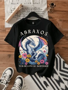 Abraxos Wildflower Dragon Fantasy Book Lovers Vintage Graphic Tee.Vintage Graphic Print Casual Cotton Short Sleeve T-Shirt - Black - View 1