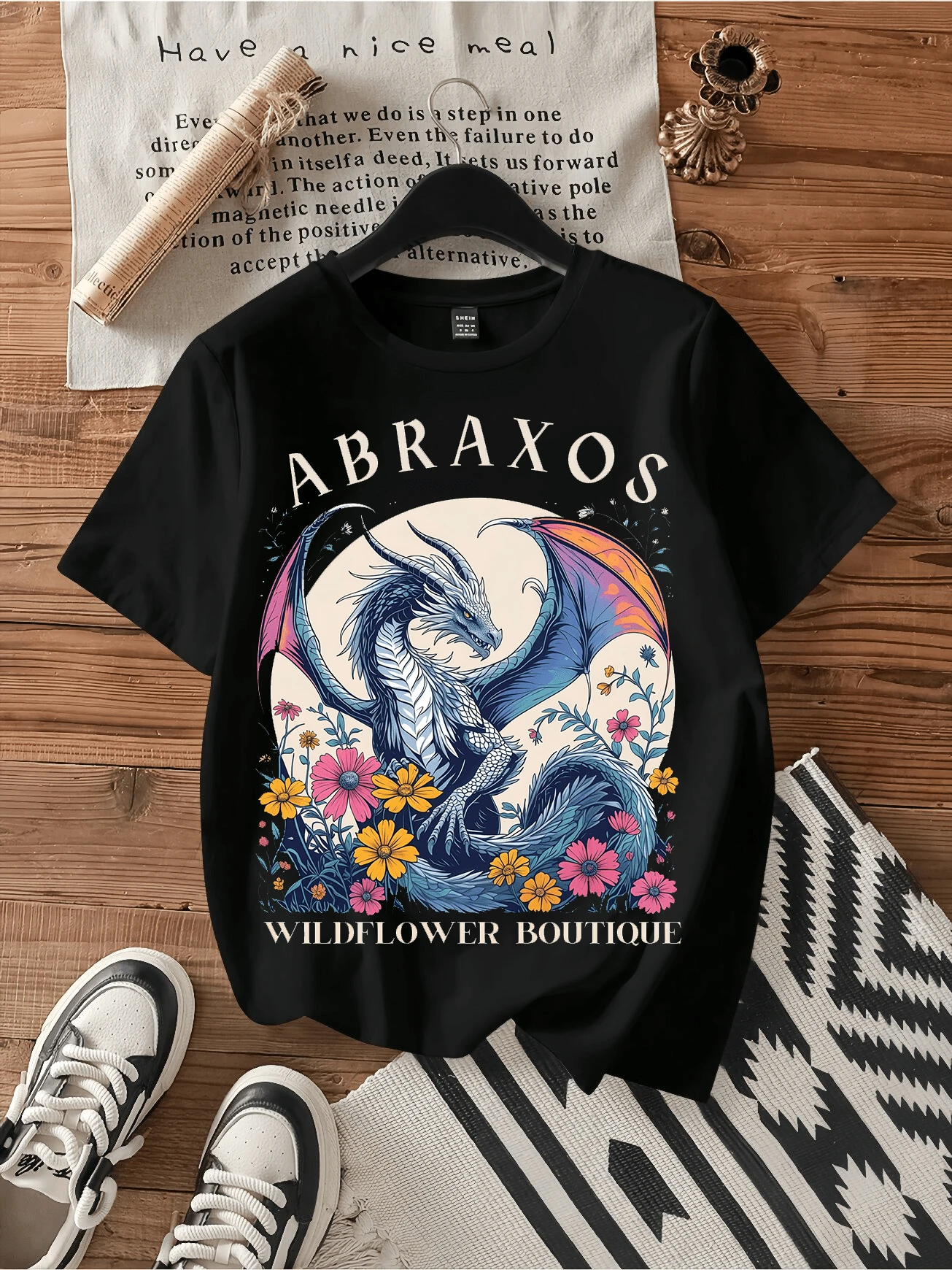 Abraxos Wildflower Dragon Fantasy Book Lovers Vintage Graphic Tee.Vintage Graphic Print Casual Cotton Short Sleeve T-Shirt - Black - View 1