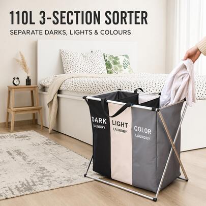 1Pc 3-Section Laundry Basket, Foldable 3-Compartment Clothes Sorter Hamper With Carry Handles And Metal Frame, Dark Light And Colour Separation Organiser For Dirty Clothes, Towels And Linen, Bedroom, Bathroom, Laundry Room, Dorm And Home Storage