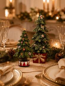 1pc Resin Christmas Tree Ornament Set, Vintage Green Desktop Decor With Star Topper, Pearl Garland, Gift Box And Drum Base, Suitable For Fireplace Mantel, Dining Table, Entryway, Christmas Home Decor And Holiday Gift - Multiple Styles - View 2