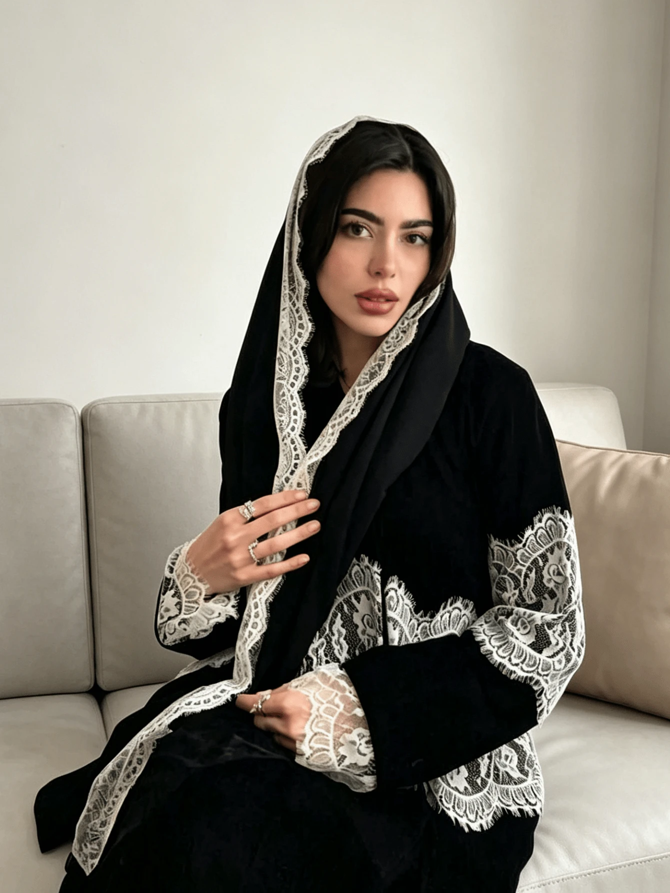 Women's Fashion Lace Trim Patchwork Elegant Arabic Abaya - Black - View 1