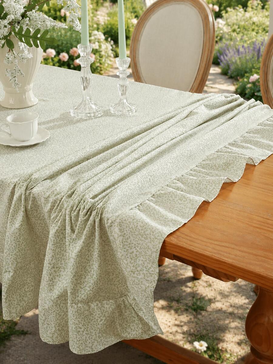 1pc Ruffle Edge Tablecloth, Fresh Country Style, Suitable For Dining Table Decoration, Picnic Tablecloth, Holiday Celebration, Wedding Party Gathering, Birthday Banquet, Daily Dining Table, Kitchen And Dining Room Decor, All Seasons, Home Decor - Sprout Green - View 1