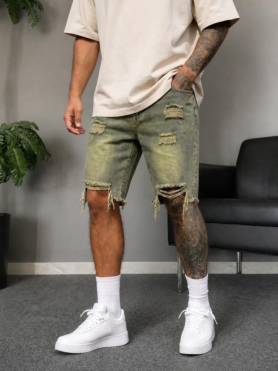 American Retro Distressed Frayed Denim Shorts, Men's Loose Straight LegBermuda Shorts - Yellow - View 1