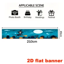 A 2D Flat 1-Piece Halloween-Themed Banner Background Featuring A Skeleton Witch Riding A Broomstick, Along With Patterns Of Pumpkins, Ghosts, A Full Moon, And A Cemetery. No Power Supply Required. - A - View 4