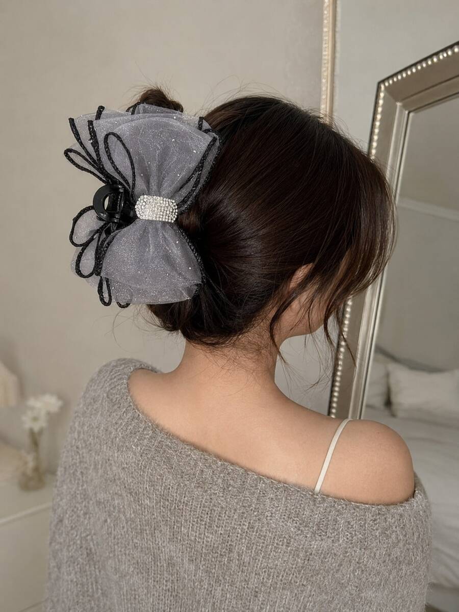 1pc Women's Oversized Bow Hair Claw Clip, Black/Grey Tulle Layered Bow Hair Clip With Rhinestone Center, Strong Grip, Suitable For Updo Hairstyles, Daily Wear, Wedding, Party, Date, Summer Outings, Also As Holiday Gift - Multicolor - View 1