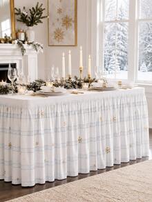 1pc-Blue Checkered Tablecloth With Golden Star Patterns And Ruffled Edges, Suitable For Birthday Parties, Celebrations, Banquets And As Cute Pastel Table Decorations For Home Use. - Blue Plaid - View 16