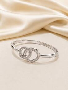 1pc Minimalist Geometric Double Interlocking Ring Zirconia Inlaid Thin Open Cuff Bracelet For Women, Interlocking Round Rings Party Gathering Birthday Date Gentle Atmosphere Hand Jewelry - Bracelet - View 6