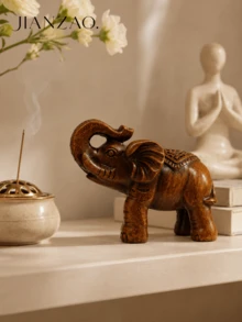 Set 2 Patung Gajah Keberuntungan Gaya Ukiran Kayu Thailand dari Resin, Dekorasi Kekayaan Feng Shui, Cocok untuk Pintu Masuk, Taman, Halaman, Hadiah Pindah Rumah - Gajah Kayu - View 3