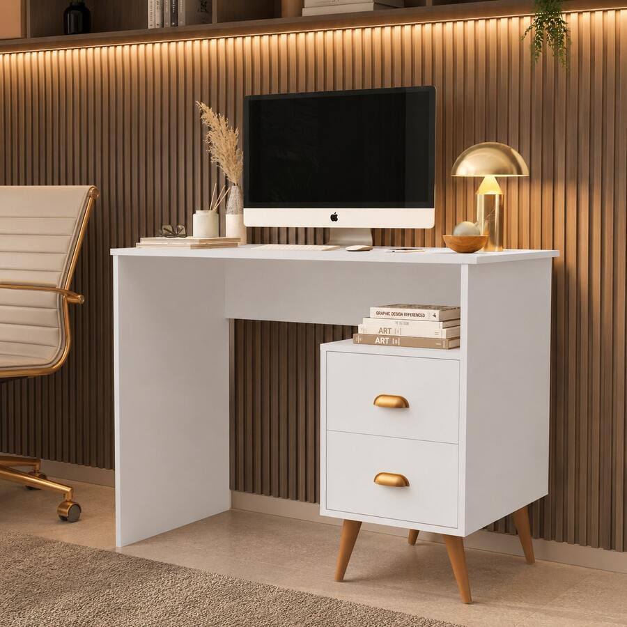 Mesa Para Computador Notbook Estudos Pés Palito 2 Gavetas Nila Cores - Branco - Visão 1