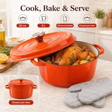 Round Enamel Cast Iron Pot 28cm 6L With Lid And Oven Gloves, Covered Cooking Pot For Soup Stew And Braised Dishes - View 2