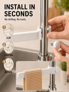 1pc 360° Rotating Faucet Mount Dish Cloth Holder, Plastic Material, White Minimalist Drill-Free Adjustable Kitchen Sink Towel Rack, Space-Saving Quick-Dry Dish Cloth Hanging Rack, Kitchen Storage Use - Multicolor - View 8