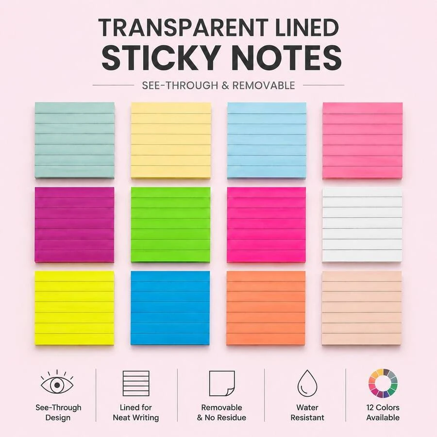 300 Sheets Transparent Sticky Notes, 6 Color Lined Memo Pads, See Through Removable Writing Notes, 50 Sheets Each Color For School Study, Office, Planner & Reading,Back To School Season - one-size - View 1