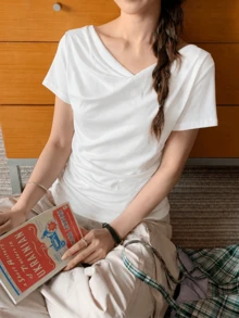 女款針織短袖純色上衣，不對稱百褶胸前設計，標準版型，光滑透氣，秋季時尚單品，白色夏季款 - 白色 - 查看 2