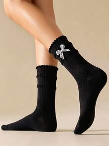 1/4 Pairs Women's Sweet Ballet Style Frill Edge Mid-Calf Socks With Cute Bow, Breathable Ruffled Ribbed Cotton Lolita JK Stackable Crew Socks,4 Season - Multicolor - View 8