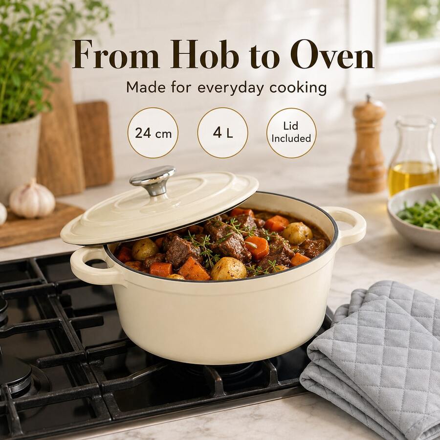 Round Enamel Cast Iron Pot With Lid And Side Handles, 4L Covered Casserole With Gloves For Home Kitchen Use - View 1