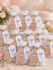 10 Sets Rose Gold Baby Bottle Shaped Bottle Opener Baby Shower Party Favor Set, Baby Shower Guest Gift, Metal Bottle Opener With Bead Chain Pendant + Thank You Card + White Organza Bag + Jute Rope, Suitable For Baby Shower, Full Moon Party, First Birthday Party, Gender Reveal Party, Baptism Party Thank You Gift Packaging Decoration - Rose Gold - View 5