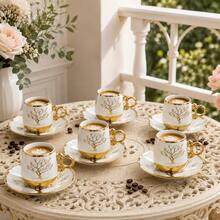 12-Piece 90ml/3oz Espresso Cups With Saucers Set, 6 Cups + 6 Saucers, White & Gold Ceramic Coffee Cup Set With Gold Handles, Elegant Demitasse Tea Cups In Gift Box For Home Cafe, Afternoon Tea, Wedding & Housewarming Gift - White - View 7