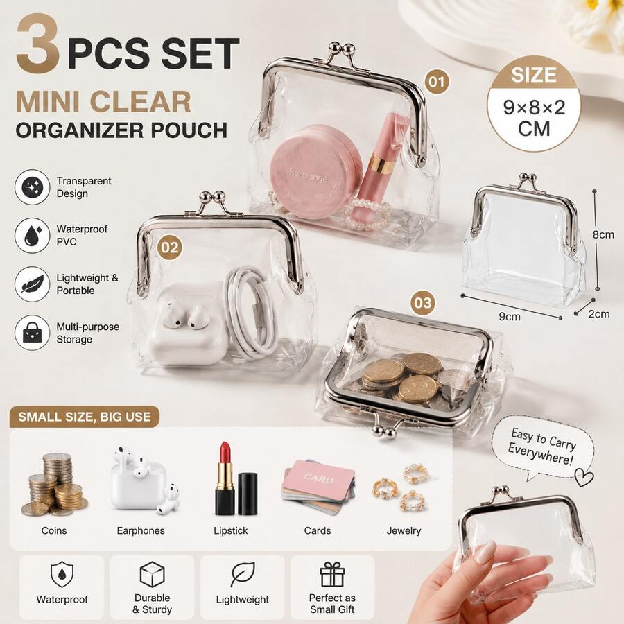 3 túi đựng tiền xu trong suốt khóa bấm, túi lưu trữ mini chống nước, túi đựng mỹ phẩm, thẻ, chìa khóa và vật dụng nhỏ cầm tay - Một kích cỡ phù hợp cho tất cả - Xem 1