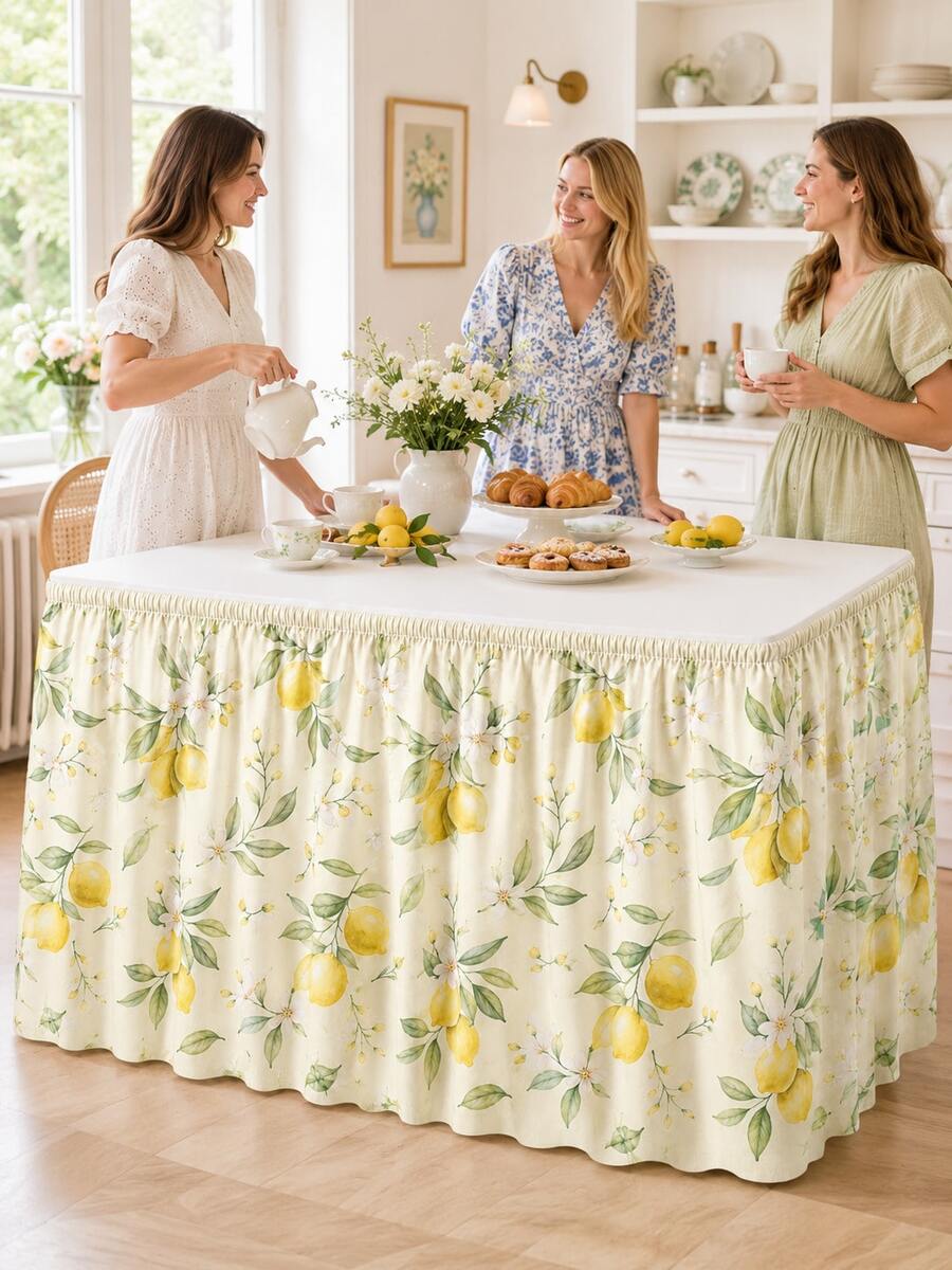 1pc - Fresh Floral Print Table Skirt With Ruffles, Romantic Pastel Table Decorations, Suitable For Weddings, Birthday Parties, Banquets And Family Meals - Floral - View 1